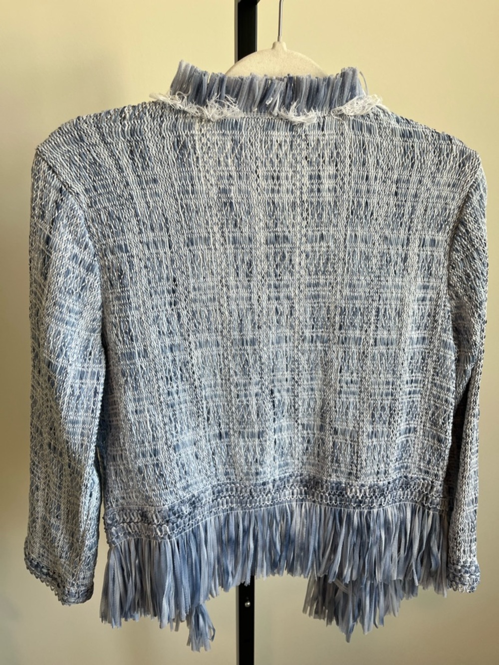 White House Black Market Blue Fringe Cardigan Open Front Tweed Jacket Size M - Picture 11 of 12